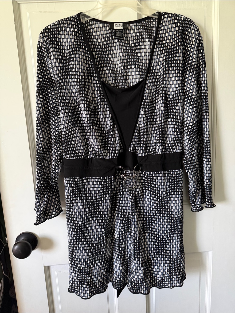 Studio 1940 Black and White Patterned Surplice Blouse